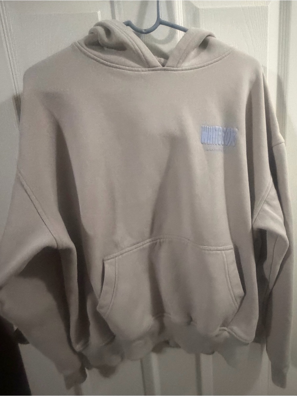 White Fox Boutique Men's Oversized Taupe Hoodie with Subtle Blue Logo